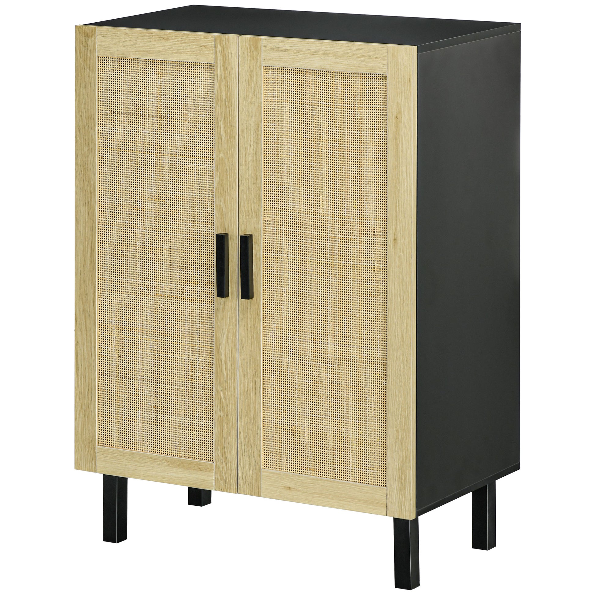 Rattan Effect Cupboard Storage Cabinet with Adjustable Shelves, Bohemian Style, Storage Wardrobe for Living Room, Kitchen, Bedroom, 73 x 41 x 102 cm, Black and Natural Wood