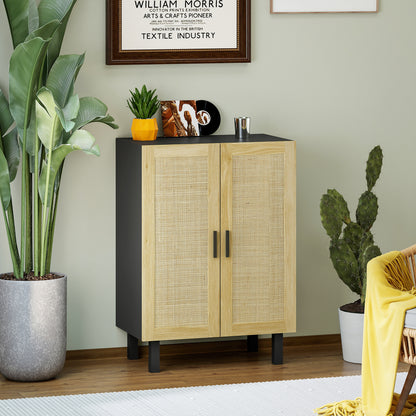 Rattan Effect Cupboard Storage Cabinet with Adjustable Shelves, Bohemian Style, Storage Wardrobe for Living Room, Kitchen, Bedroom, 73 x 41 x 102 cm, Black and Natural Wood