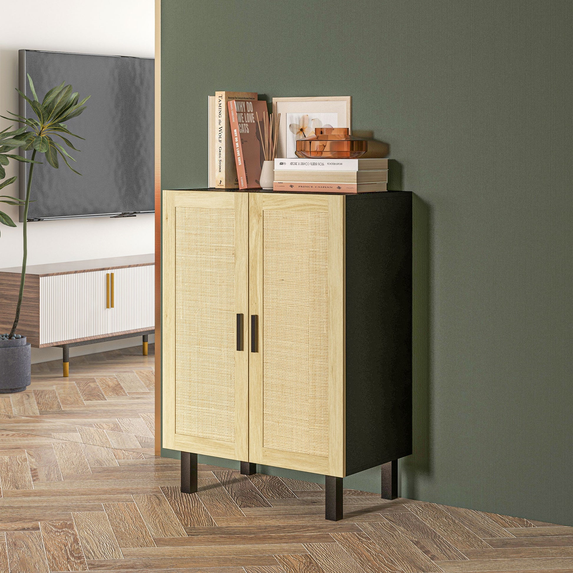 Rattan Effect Cupboard Storage Cabinet with Adjustable Shelves, Bohemian Style, Storage Wardrobe for Living Room, Kitchen, Bedroom, 73 x 41 x 102 cm, Black and Natural Wood