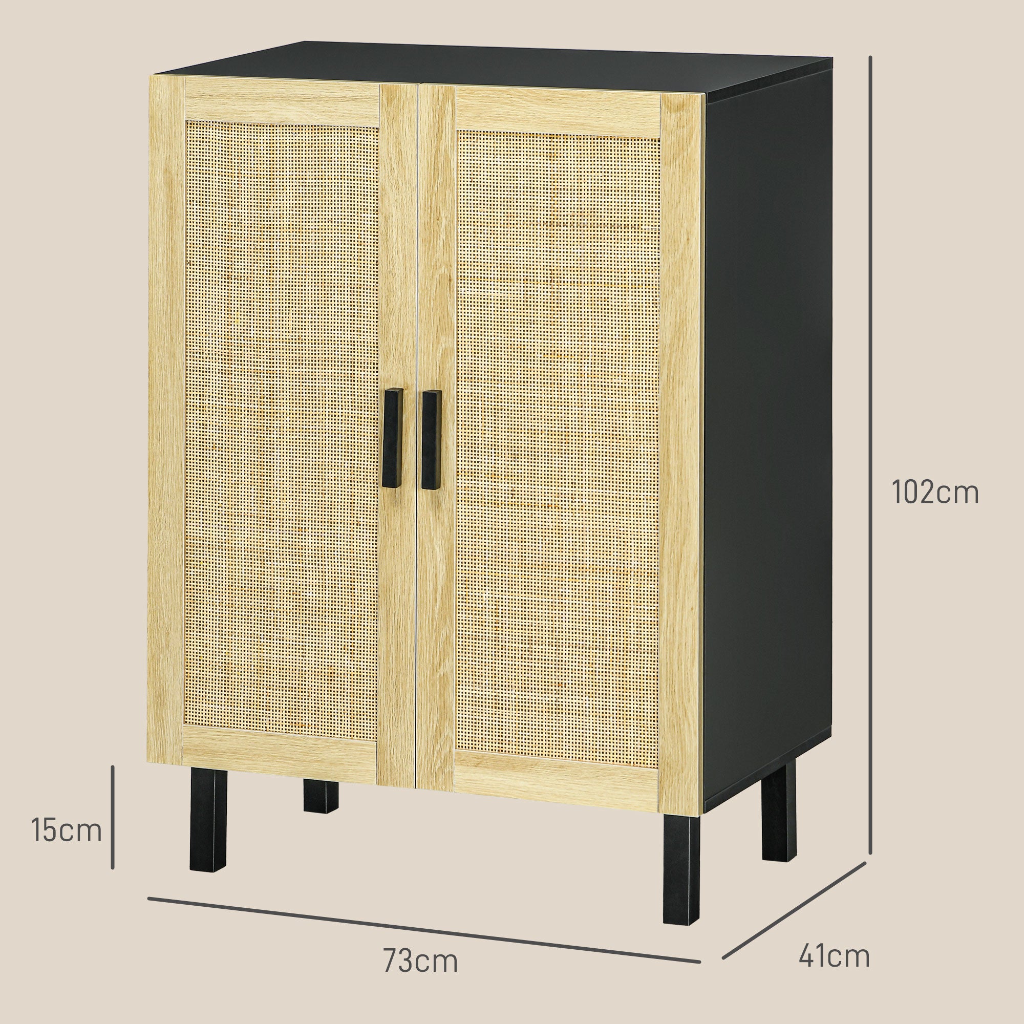 Rattan Effect Cupboard Storage Cabinet with Adjustable Shelves, Bohemian Style, Storage Wardrobe for Living Room, Kitchen, Bedroom, 73 x 41 x 102 cm, Black and Natural Wood