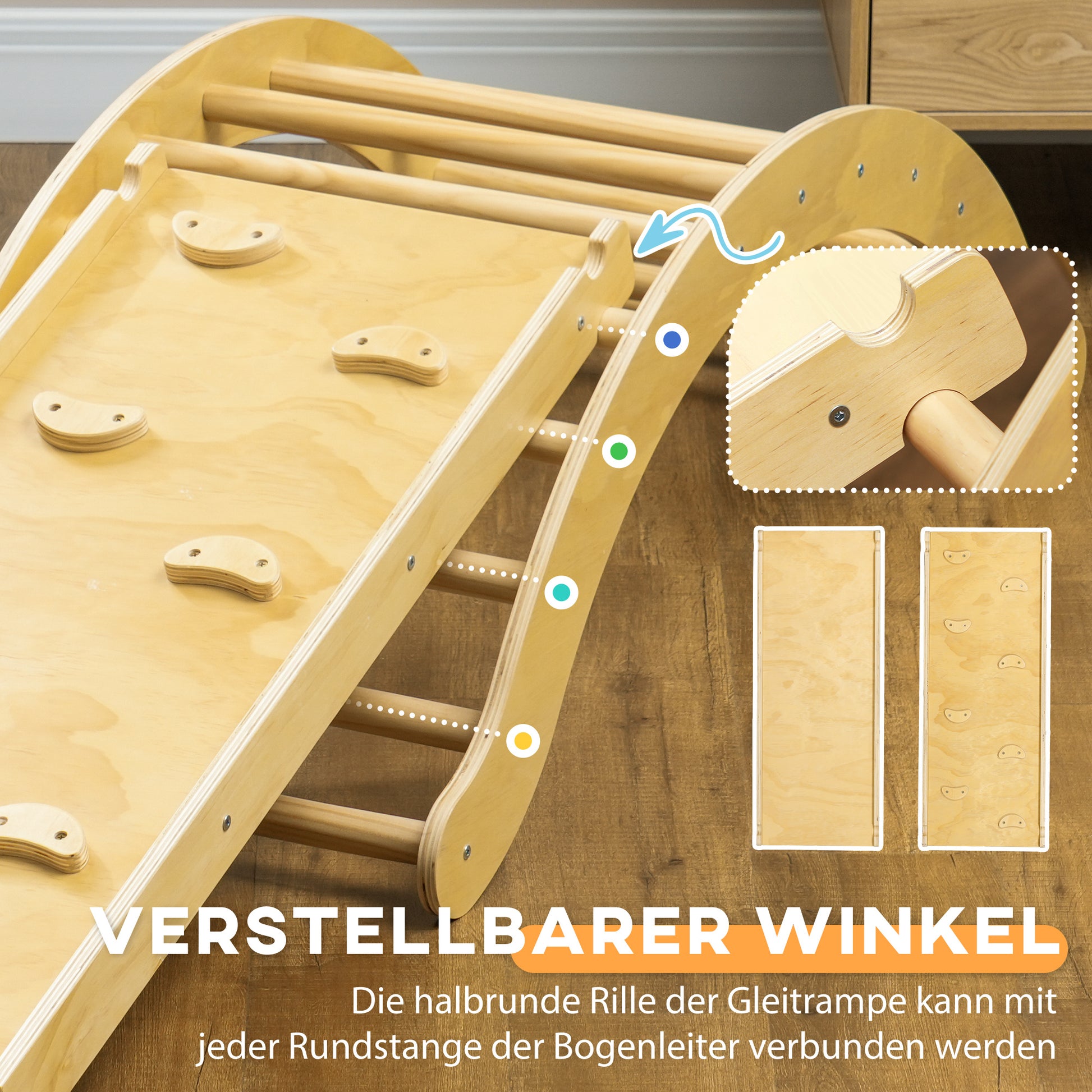 4 in 1 Climbing Frame Set with Slide, Climbing Triangle for Sliding and Climbing, Wooden Climbing Toy, for Children 1.5-4 Years, Indoor, Natural Wood
