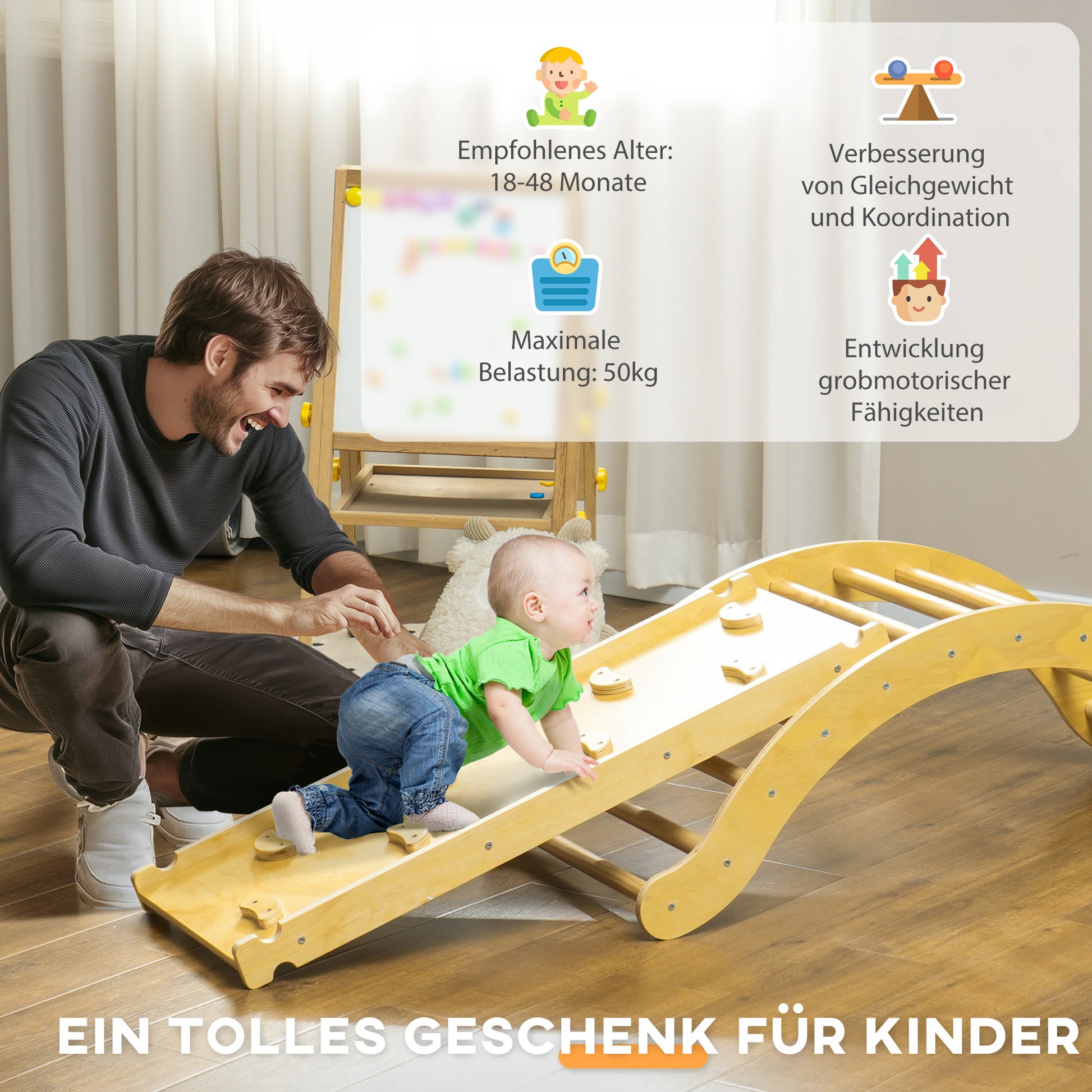 4 in 1 Climbing Frame Set with Slide, Climbing Triangle for Sliding and Climbing, Wooden Climbing Toy, for Children 1.5-4 Years, Indoor, Natural Wood