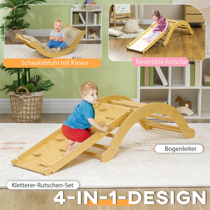 4 in 1 Climbing Frame Set with Slide, Climbing Triangle for Sliding and Climbing, Wooden Climbing Toy, for Children 1.5-4 Years, Indoor, Natural Wood