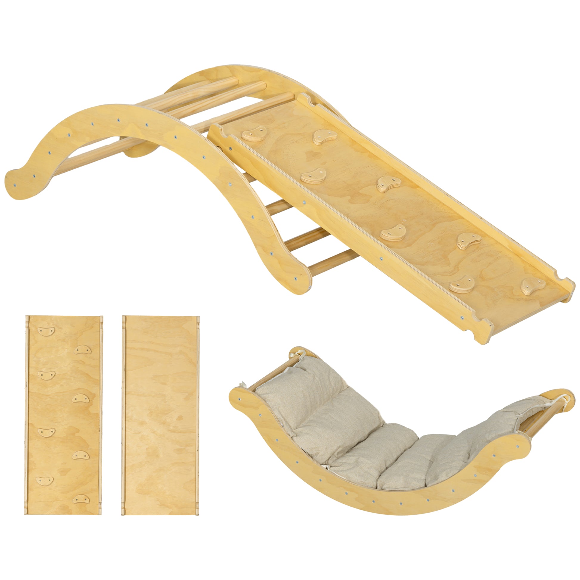 4 in 1 Climbing Frame Set with Slide, Climbing Triangle for Sliding and Climbing, Wooden Climbing Toy, for Children 1.5-4 Years, Indoor, Natural Wood