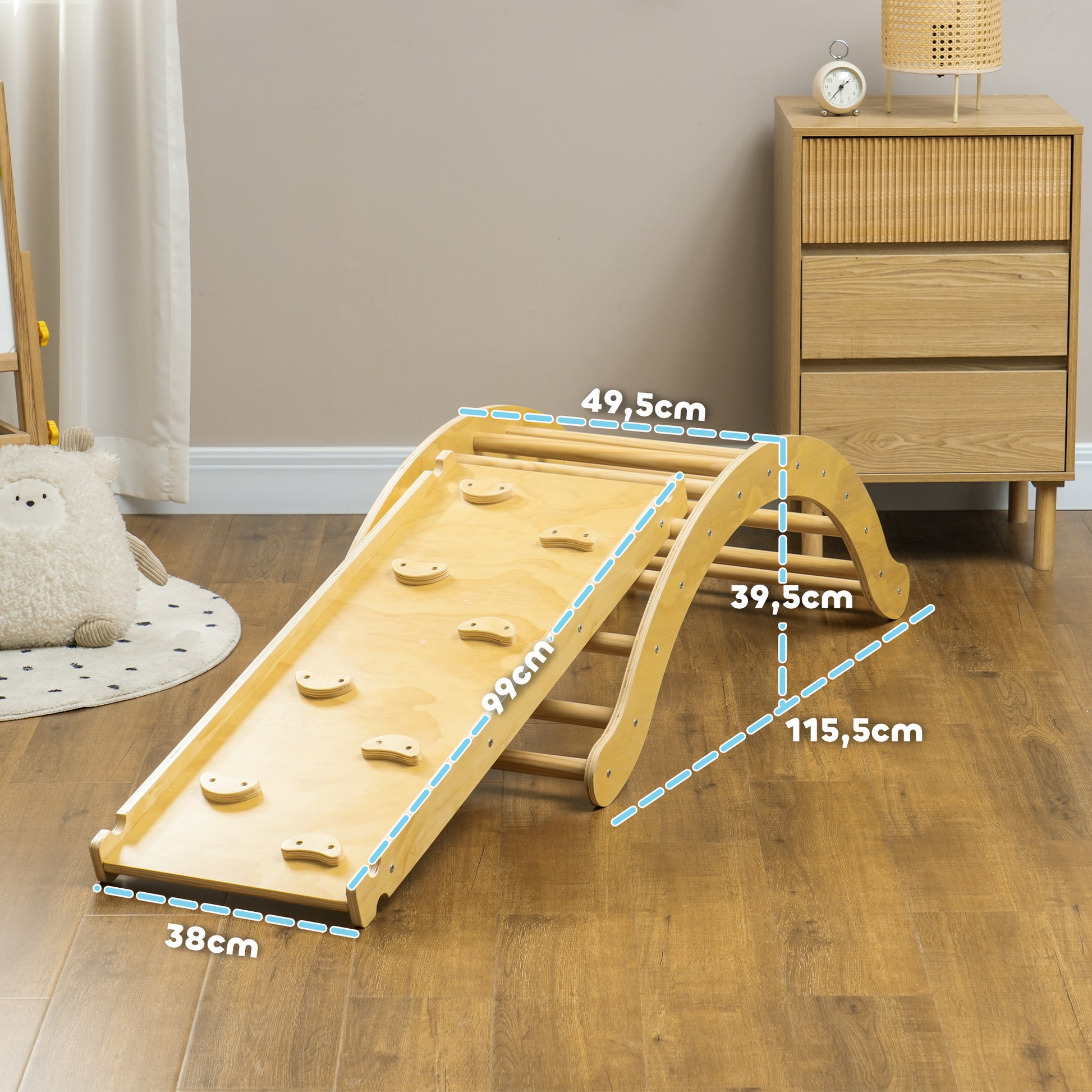 4 in 1 Climbing Frame Set with Slide, Climbing Triangle for Sliding and Climbing, Wooden Climbing Toy, for Children 1.5-4 Years, Indoor, Natural Wood
