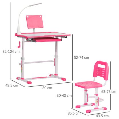 Kids Desk and Chair Set for +6 Years Old Children Adjustable Desk Tilted Table Lamp LED and Pencil Holder 80x49.5x82-104 cm and 35.5x43.5x63-73 cm Pink