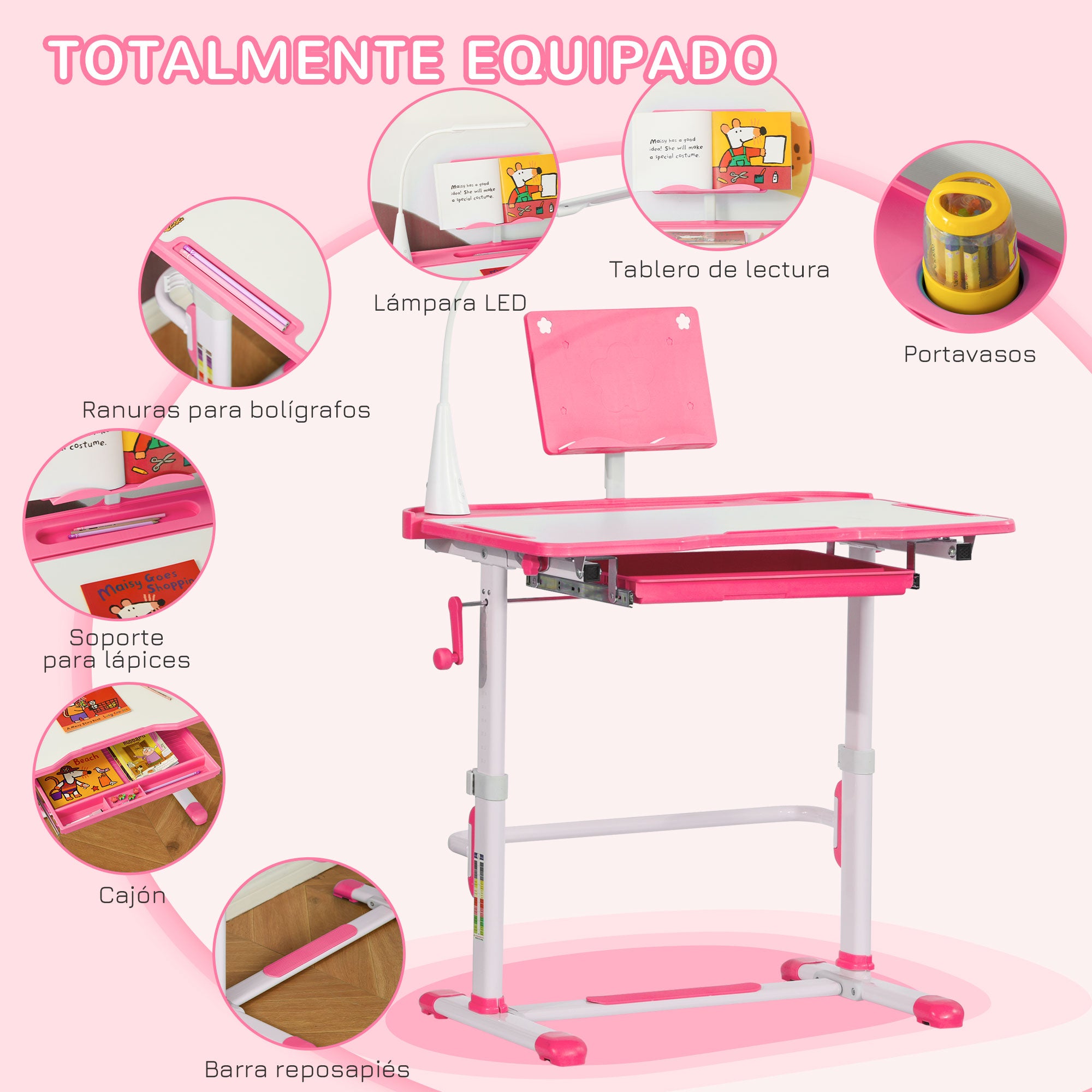 Kids Desk and Chair Set for +6 Years Old Children Adjustable Desk Tilted Table Lamp LED and Pencil Holder 80x49.5x82-104 cm and 35.5x43.5x63-73 cm Pink