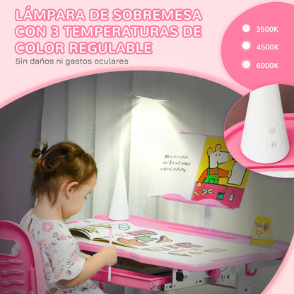 Kids Desk and Chair Set for +6 Years Old Children Adjustable Desk Tilted Table Lamp LED and Pencil Holder 80x49.5x82-104 cm and 35.5x43.5x63-73 cm Pink