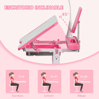 Kids Desk and Chair Set for +6 Years Old Children Adjustable Desk Tilted Table Lamp LED and Pencil Holder 80x49.5x82-104 cm and 35.5x43.5x63-73 cm Pink