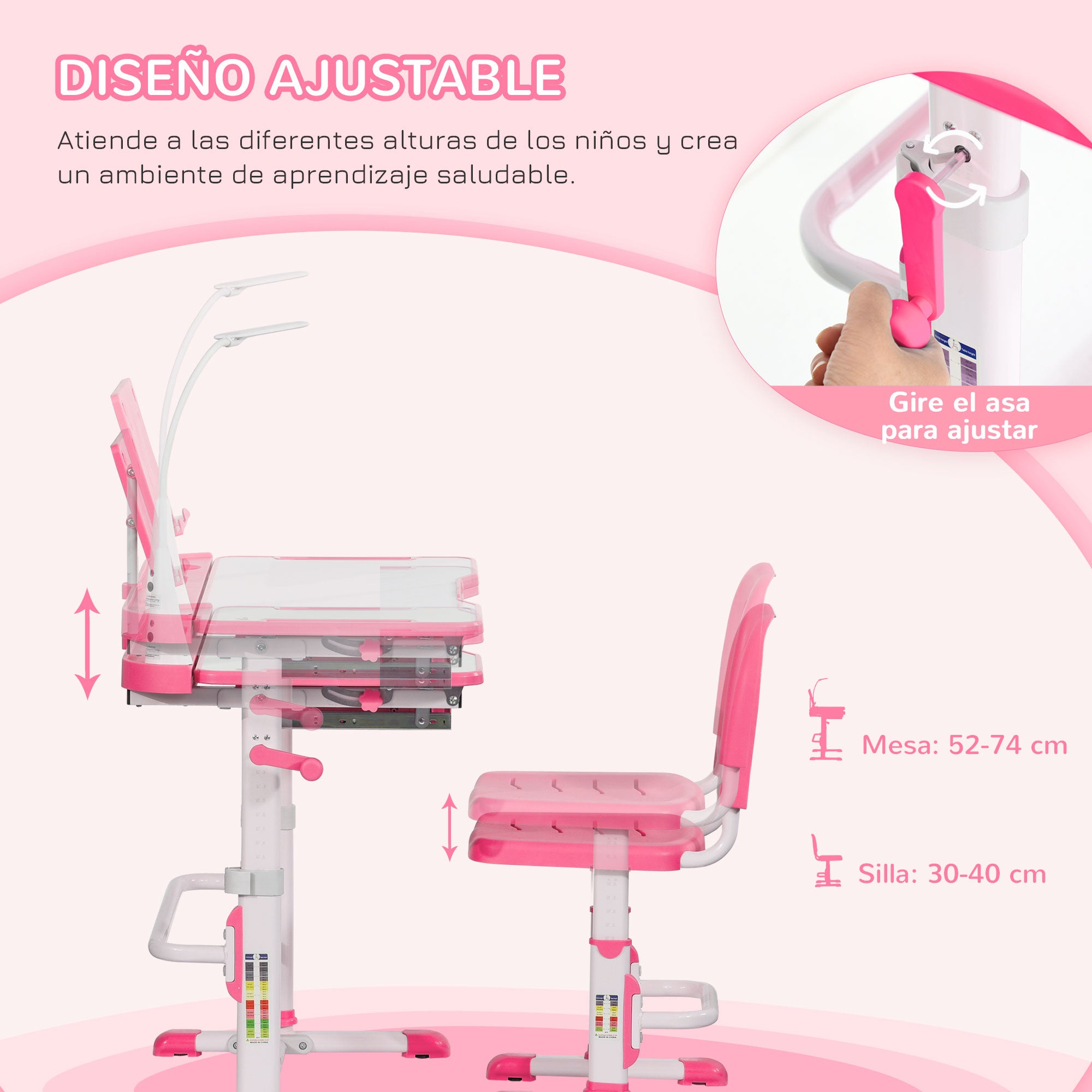 Kids Desk and Chair Set for +6 Years Old Children Adjustable Desk Tilted Table Lamp LED and Pencil Holder 80x49.5x82-104 cm and 35.5x43.5x63-73 cm Pink