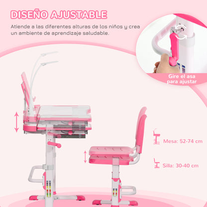 Kids Desk and Chair Set for +6 Years Old Children Adjustable Desk Tilted Table Lamp LED and Pencil Holder 80x49.5x82-104 cm and 35.5x43.5x63-73 cm Pink
