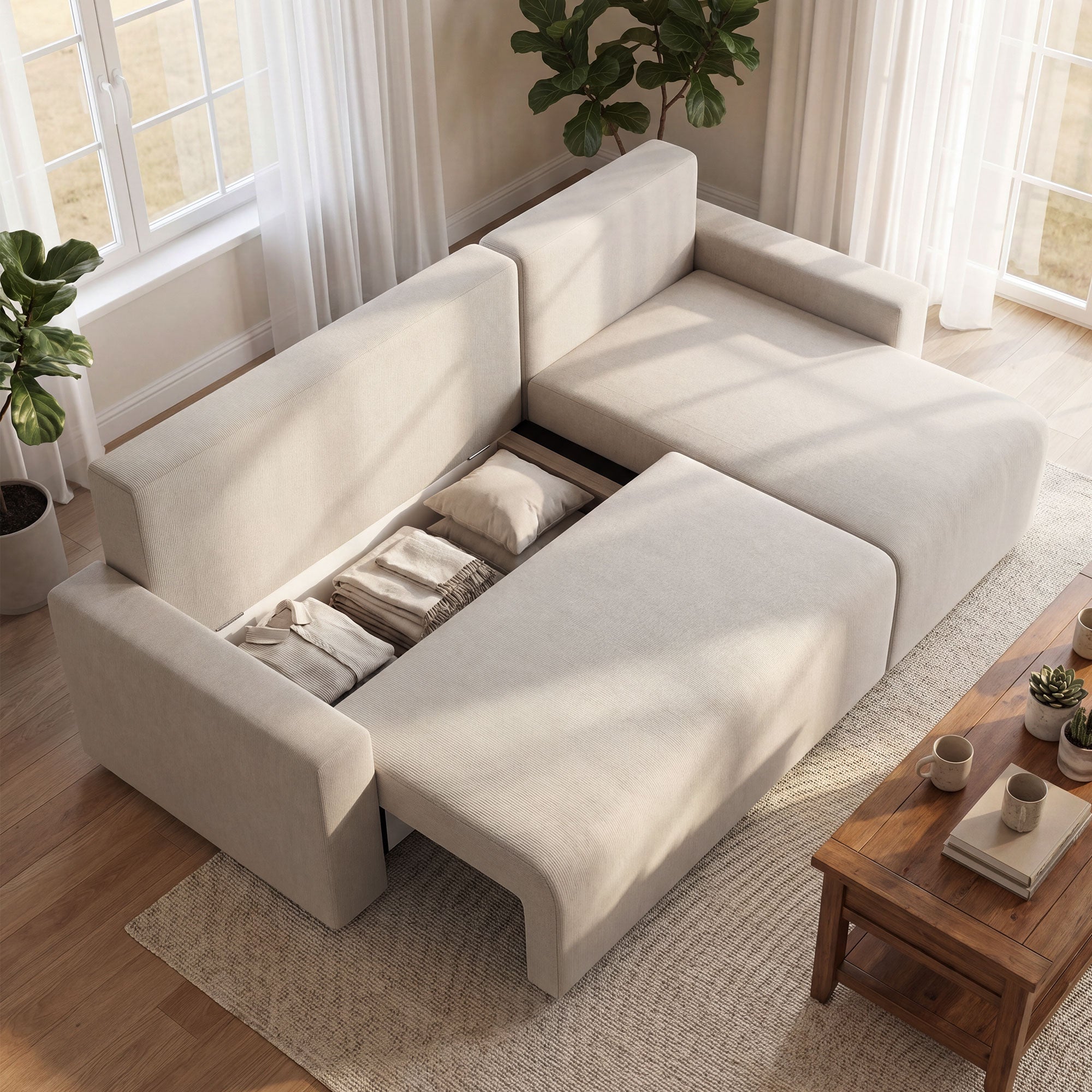 L-Shaped 3-Seater Corner Sofa Bed with Reversible Chaise – Faux Suede, Beige