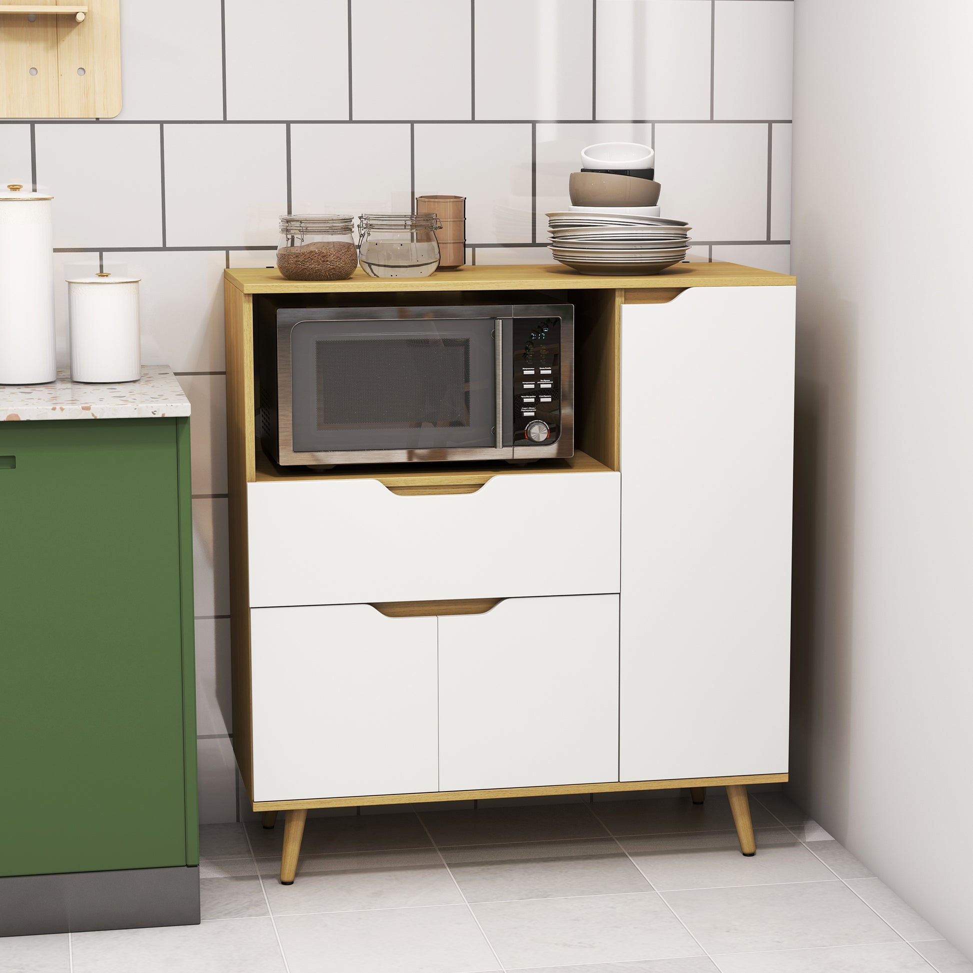 Microwave Cabinet Kitchen Modern Sideboard with Drawer 3 Doors and Compartment Buffet Sideboard for Dining Room Living Room 90x40x98.5 cm White