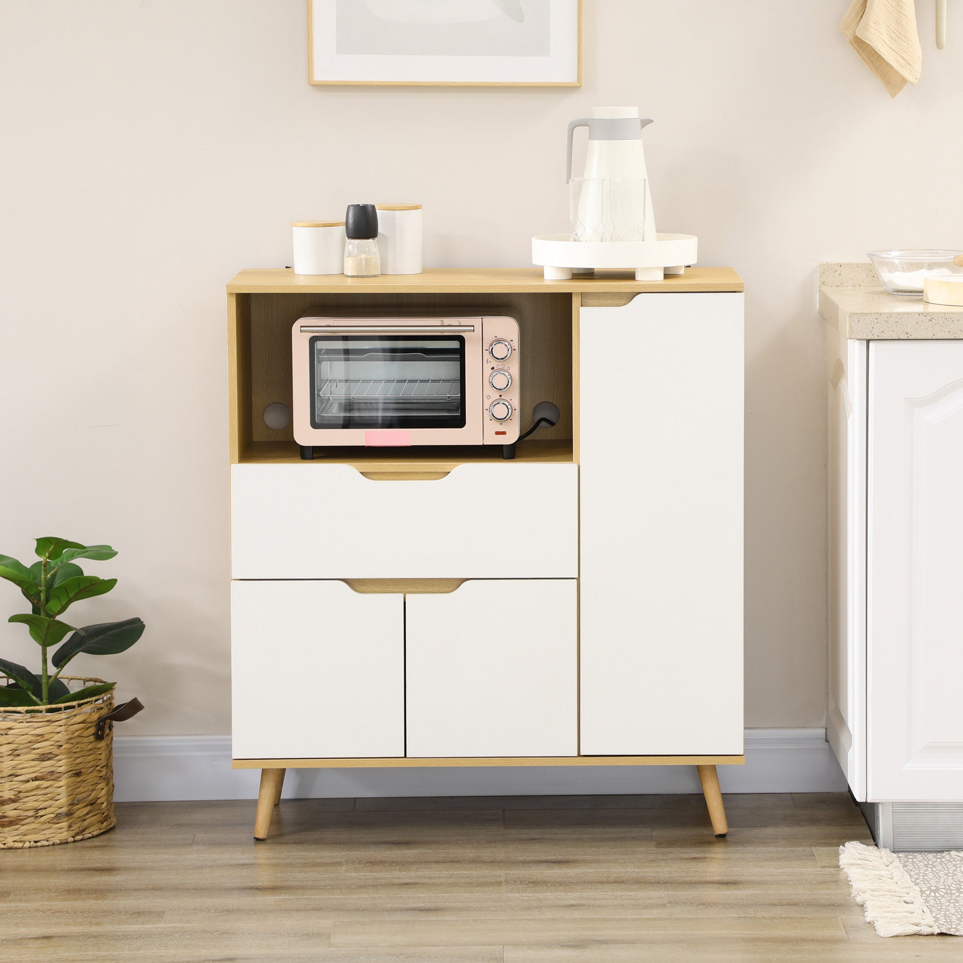 Microwave Cabinet Kitchen Modern Sideboard with Drawer 3 Doors and Compartment Buffet Sideboard for Dining Room Living Room 90x40x98.5 cm White