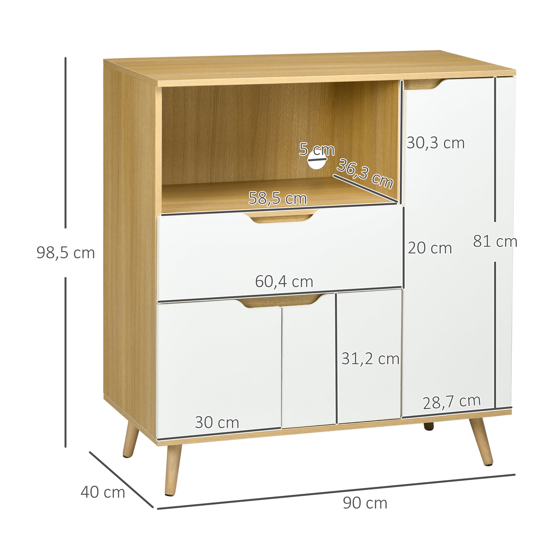Microwave Cabinet Kitchen Modern Sideboard with Drawer 3 Doors and Compartment Buffet Sideboard for Dining Room Living Room 90x40x98.5 cm White