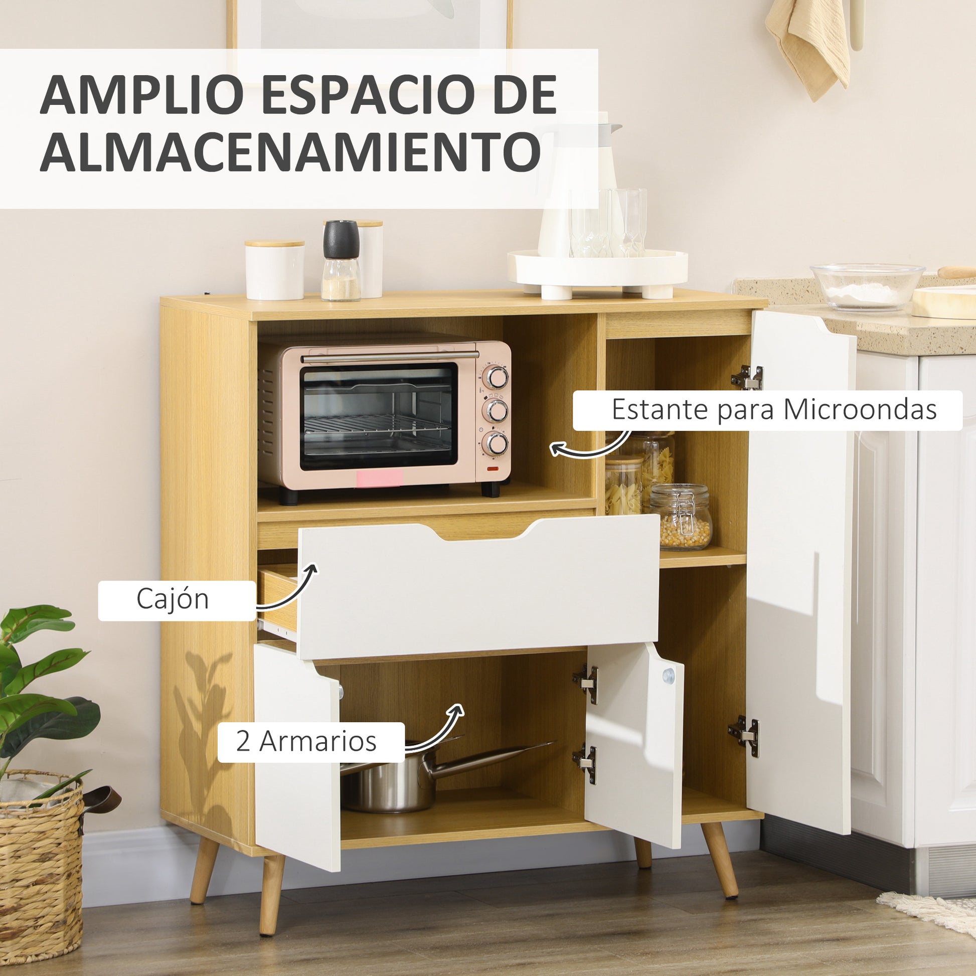 Microwave Cabinet Kitchen Modern Sideboard with Drawer 3 Doors and Compartment Buffet Sideboard for Dining Room Living Room 90x40x98.5 cm White