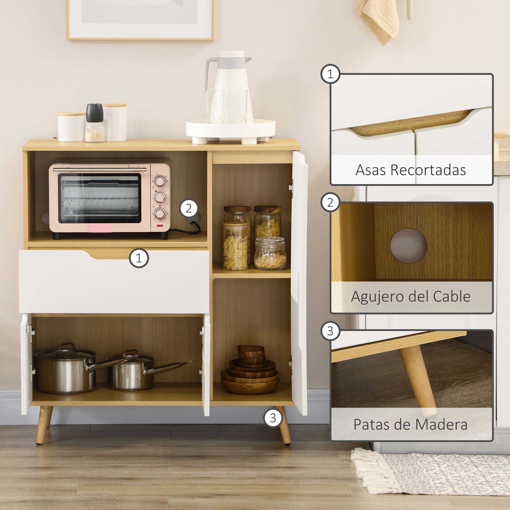 Microwave Cabinet Kitchen Modern Sideboard with Drawer 3 Doors and Compartment Buffet Sideboard for Dining Room Living Room 90x40x98.5 cm White