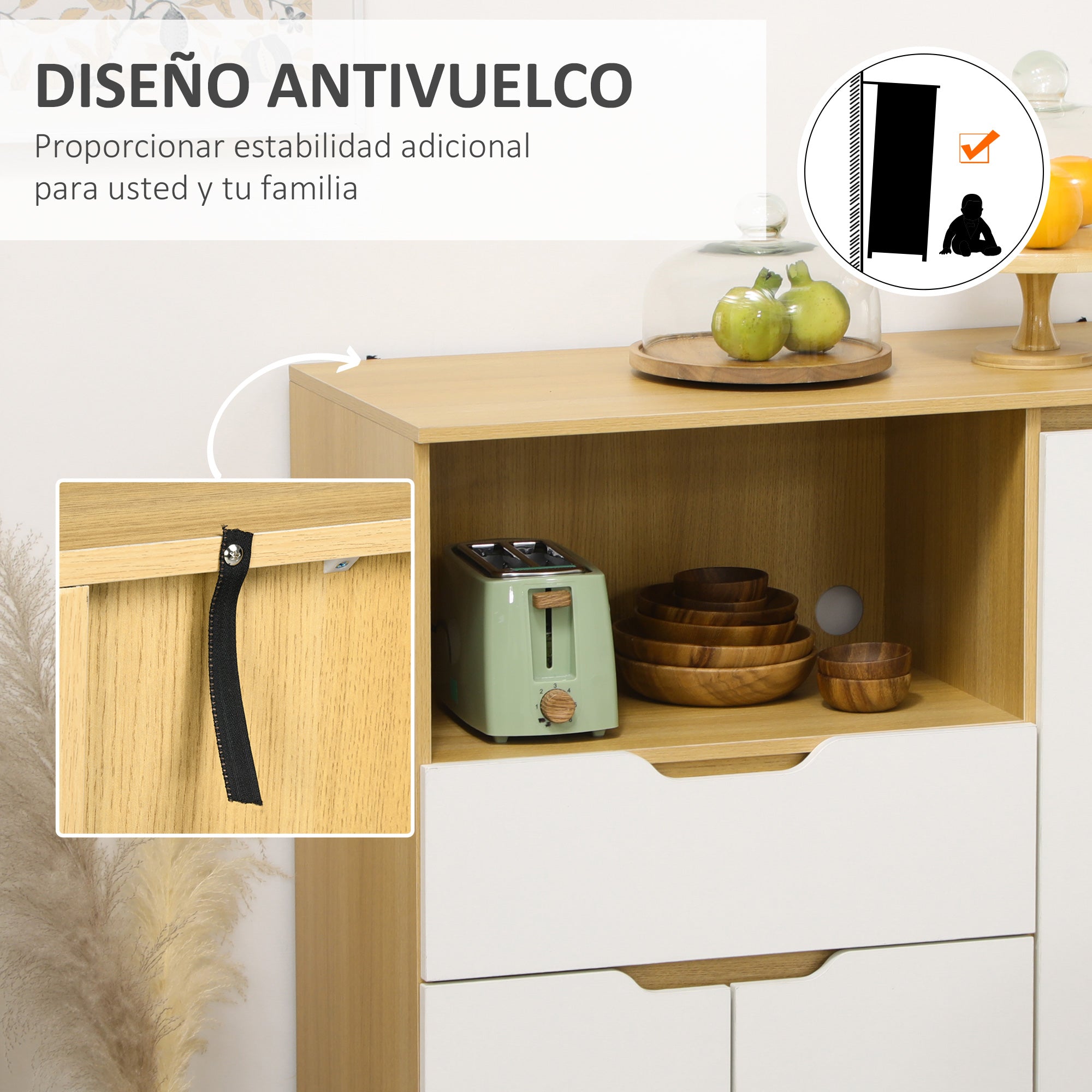 Microwave Cabinet Kitchen Modern Sideboard with Drawer 3 Doors and Compartment Buffet Sideboard for Dining Room Living Room 90x40x98.5 cm White