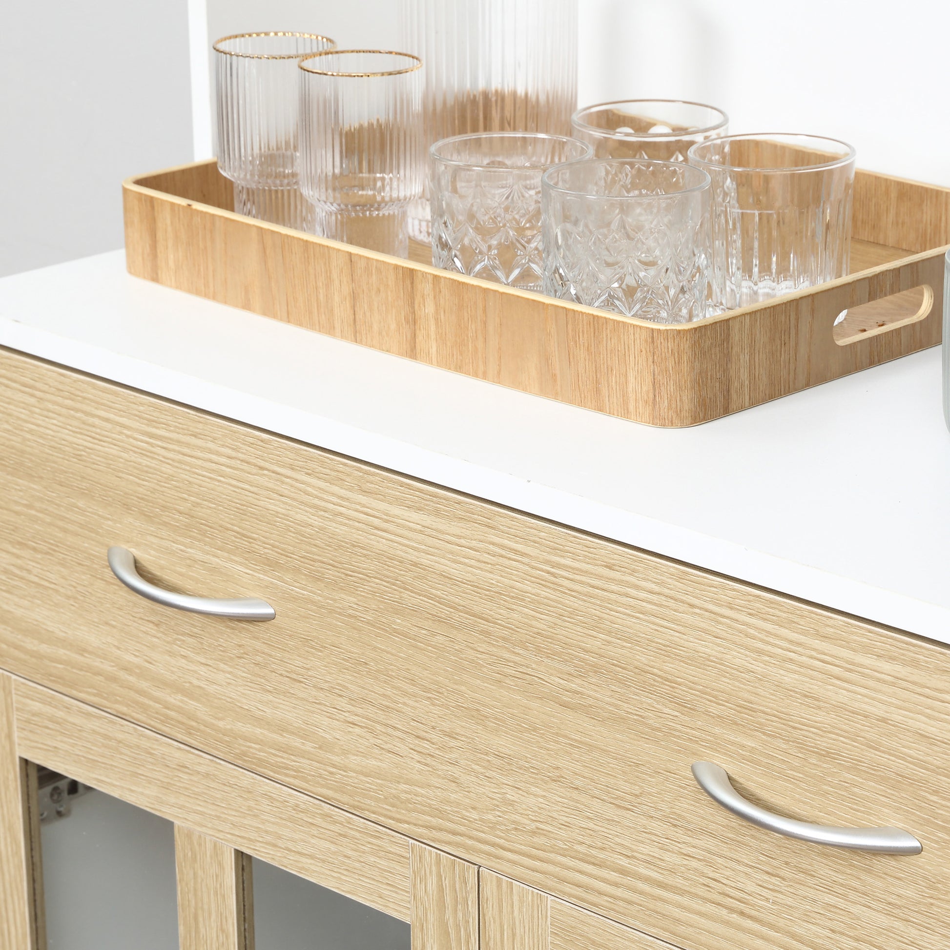 High Kitchen Buffet Kitchen Cabinet Multistorage 4 Glass Doors Showcase White Wood with Sliding Drawer Shelf Grand Plateau in White Oak Appearance