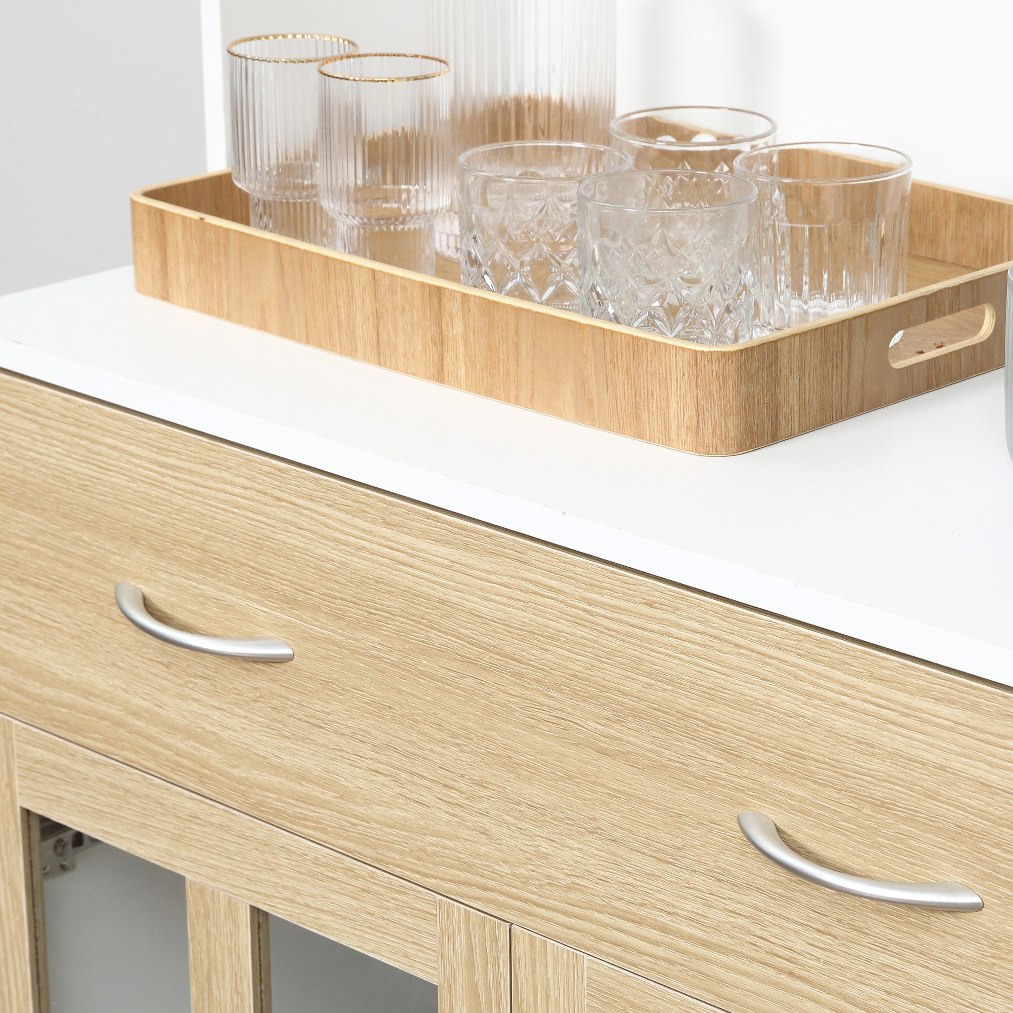 High Kitchen Buffet Kitchen Cabinet Multistorage 4 Glass Doors Showcase White Wood with Sliding Drawer Shelf Grand Plateau in White Oak Appearance