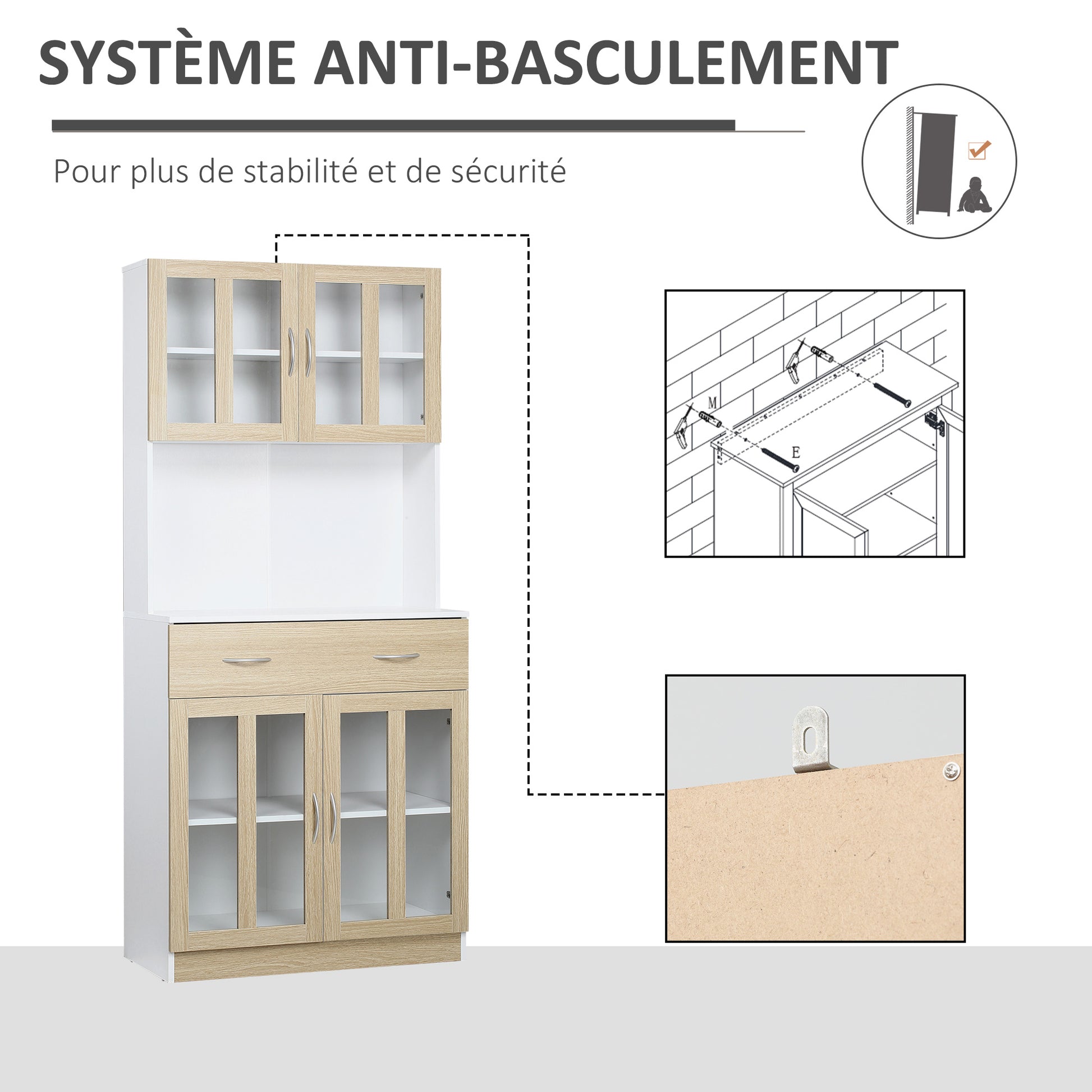 High Kitchen Buffet Kitchen Cabinet Multistorage 4 Glass Doors Showcase White Wood with Sliding Drawer Shelf Grand Plateau in White Oak Appearance