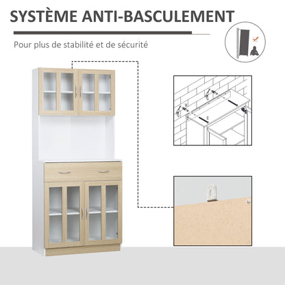 High Kitchen Buffet Kitchen Cabinet Multistorage 4 Glass Doors Showcase White Wood with Sliding Drawer Shelf Grand Plateau in White Oak Appearance