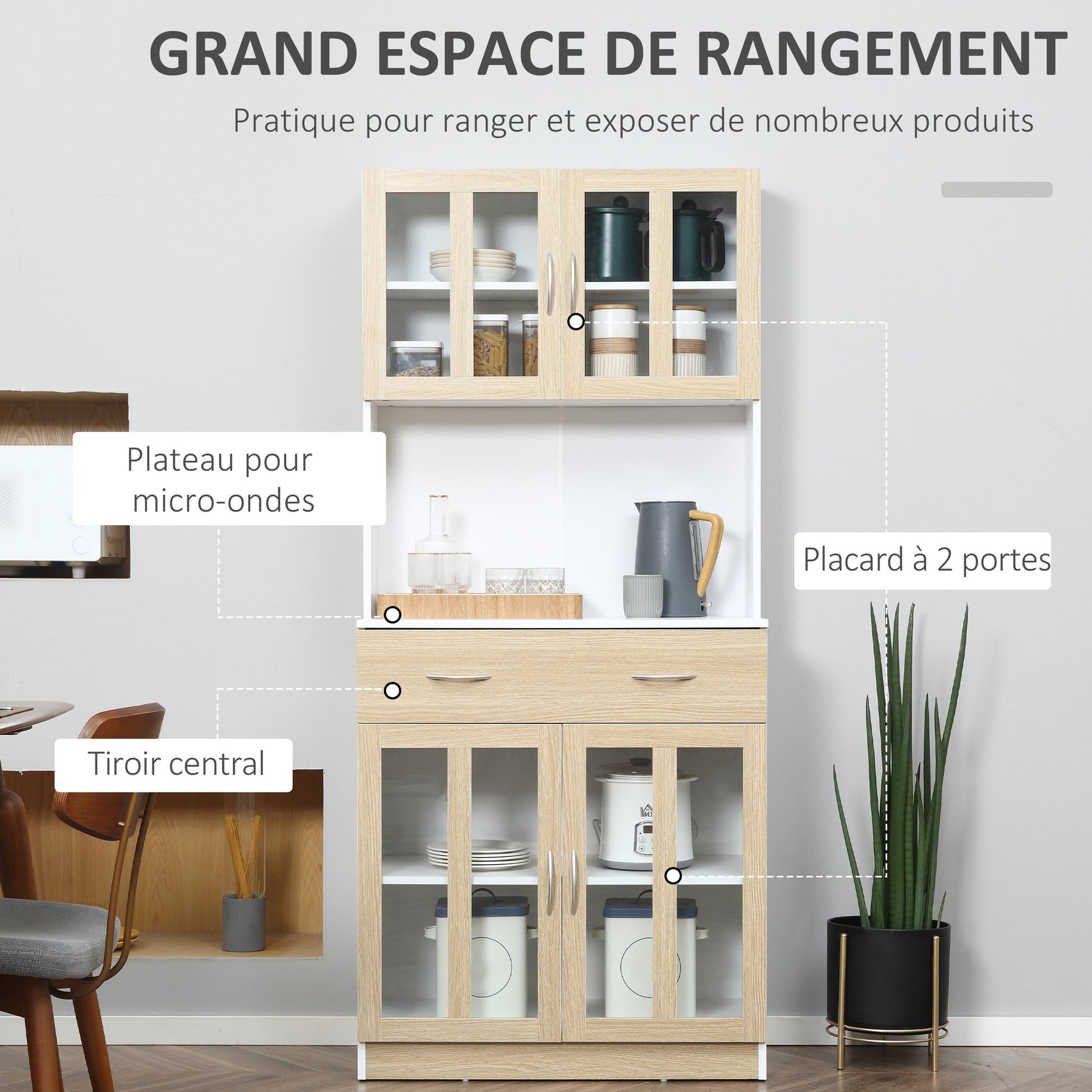 High Kitchen Buffet Kitchen Cabinet Multistorage 4 Glass Doors Showcase White Wood with Sliding Drawer Shelf Grand Plateau in White Oak Appearance