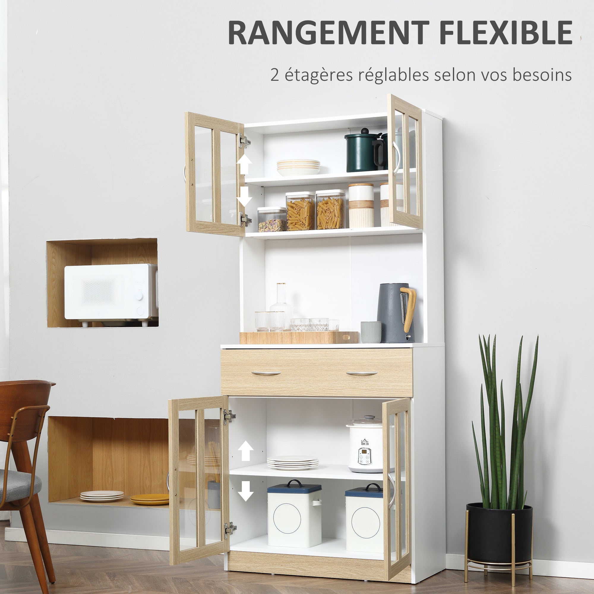 High Kitchen Buffet Kitchen Cabinet Multistorage 4 Glass Doors Showcase White Wood with Sliding Drawer Shelf Grand Plateau in White Oak Appearance