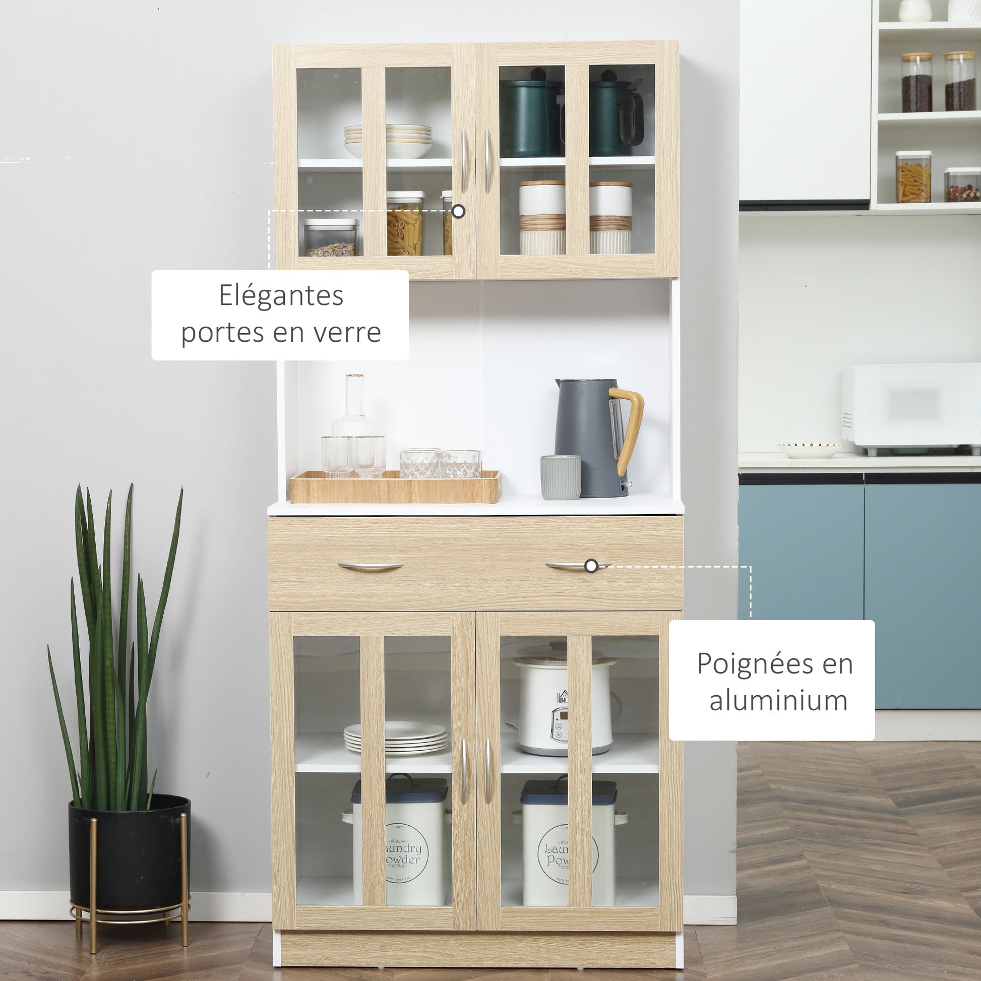 High Kitchen Buffet Kitchen Cabinet Multistorage 4 Glass Doors Showcase White Wood with Sliding Drawer Shelf Grand Plateau in White Oak Appearance