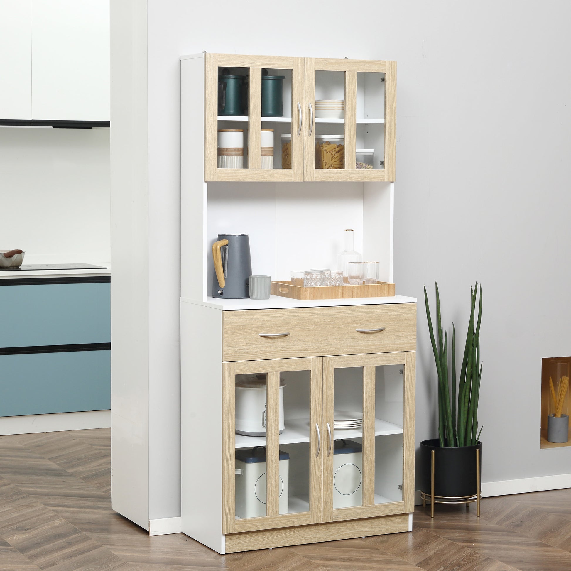 High Kitchen Buffet Kitchen Cabinet Multistorage 4 Glass Doors Showcase White Wood with Sliding Drawer Shelf Grand Plateau in White Oak Appearance