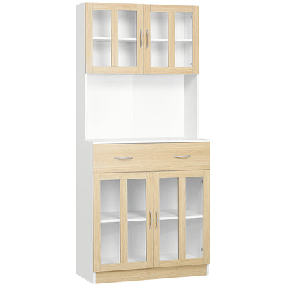 High Kitchen Buffet Kitchen Cabinet Multistorage 4 Glass Doors Showcase White Wood with Sliding Drawer Shelf Grand Plateau in White Oak Appearance