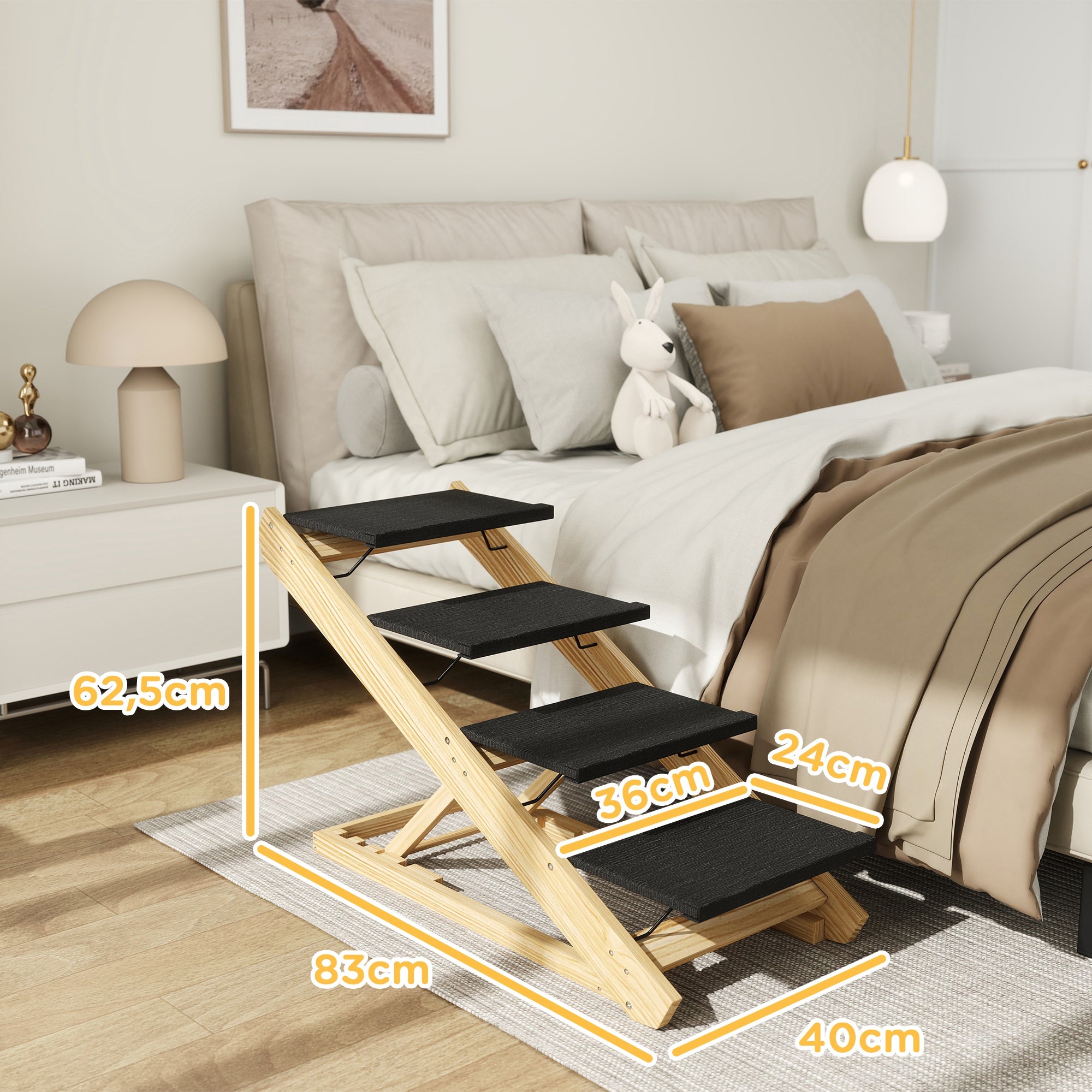 2 in 1 Dog Staircase 4 Step 62.5 cm Adjustable Height Pet Stairs Foldable Dog Ramp with Non-Slip Surface for Bed, Sofa, Large Dogs up to 40 kg, Cat, Natural Wood
