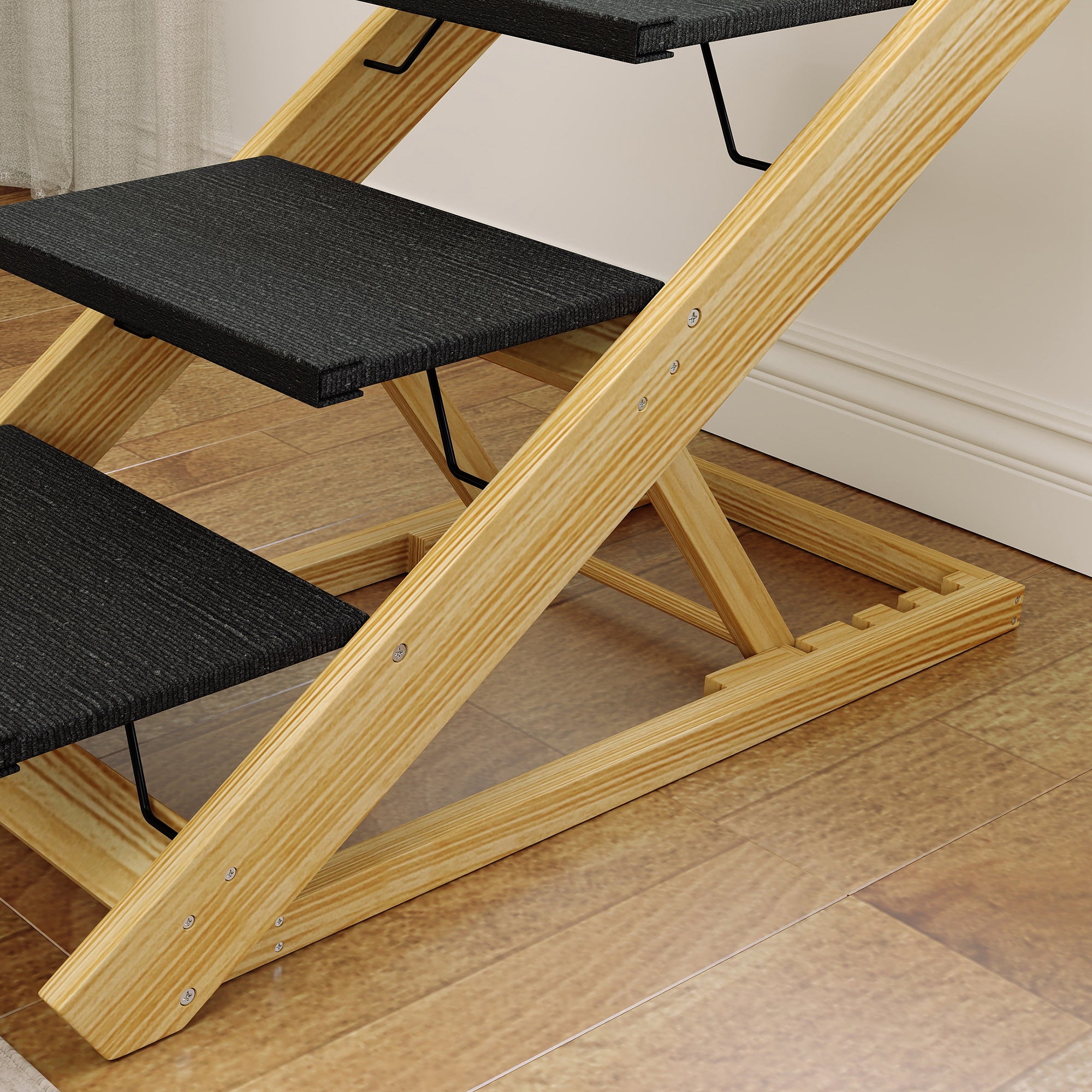 2 in 1 Dog Staircase 4 Step 62.5 cm Adjustable Height Pet Stairs Foldable Dog Ramp with Non-Slip Surface for Bed, Sofa, Large Dogs up to 40 kg, Cat, Natural Wood