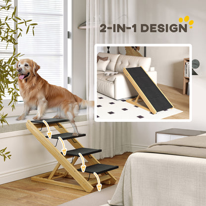 2 in 1 Dog Staircase 4 Step 62.5 cm Adjustable Height Pet Stairs Foldable Dog Ramp with Non-Slip Surface for Bed, Sofa, Large Dogs up to 40 kg, Cat, Natural Wood
