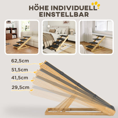 2 in 1 Dog Staircase 4 Step 62.5 cm Adjustable Height Pet Stairs Foldable Dog Ramp with Non-Slip Surface for Bed, Sofa, Large Dogs up to 40 kg, Cat, Natural Wood