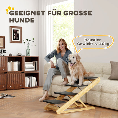 2 in 1 Dog Staircase 4 Step 62.5 cm Adjustable Height Pet Stairs Foldable Dog Ramp with Non-Slip Surface for Bed, Sofa, Large Dogs up to 40 kg, Cat, Natural Wood