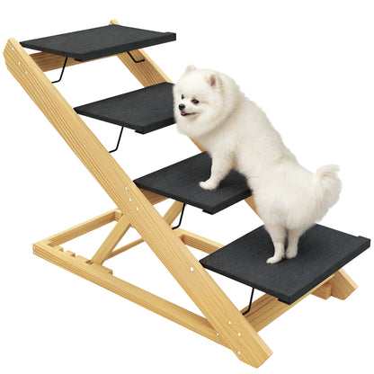 2 in 1 Dog Staircase 4 Step 62.5 cm Adjustable Height Pet Stairs Foldable Dog Ramp with Non-Slip Surface for Bed, Sofa, Large Dogs up to 40 kg, Cat, Natural Wood