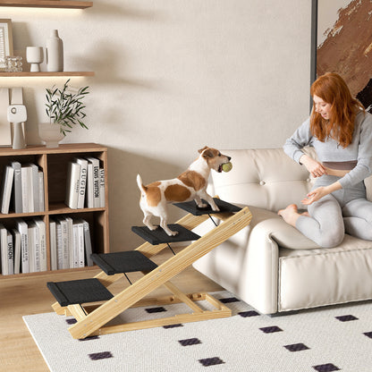 2 in 1 Dog Staircase 4 Step 62.5 cm Adjustable Height Pet Stairs Foldable Dog Ramp with Non-Slip Surface for Bed, Sofa, Large Dogs up to 40 kg, Cat, Natural Wood