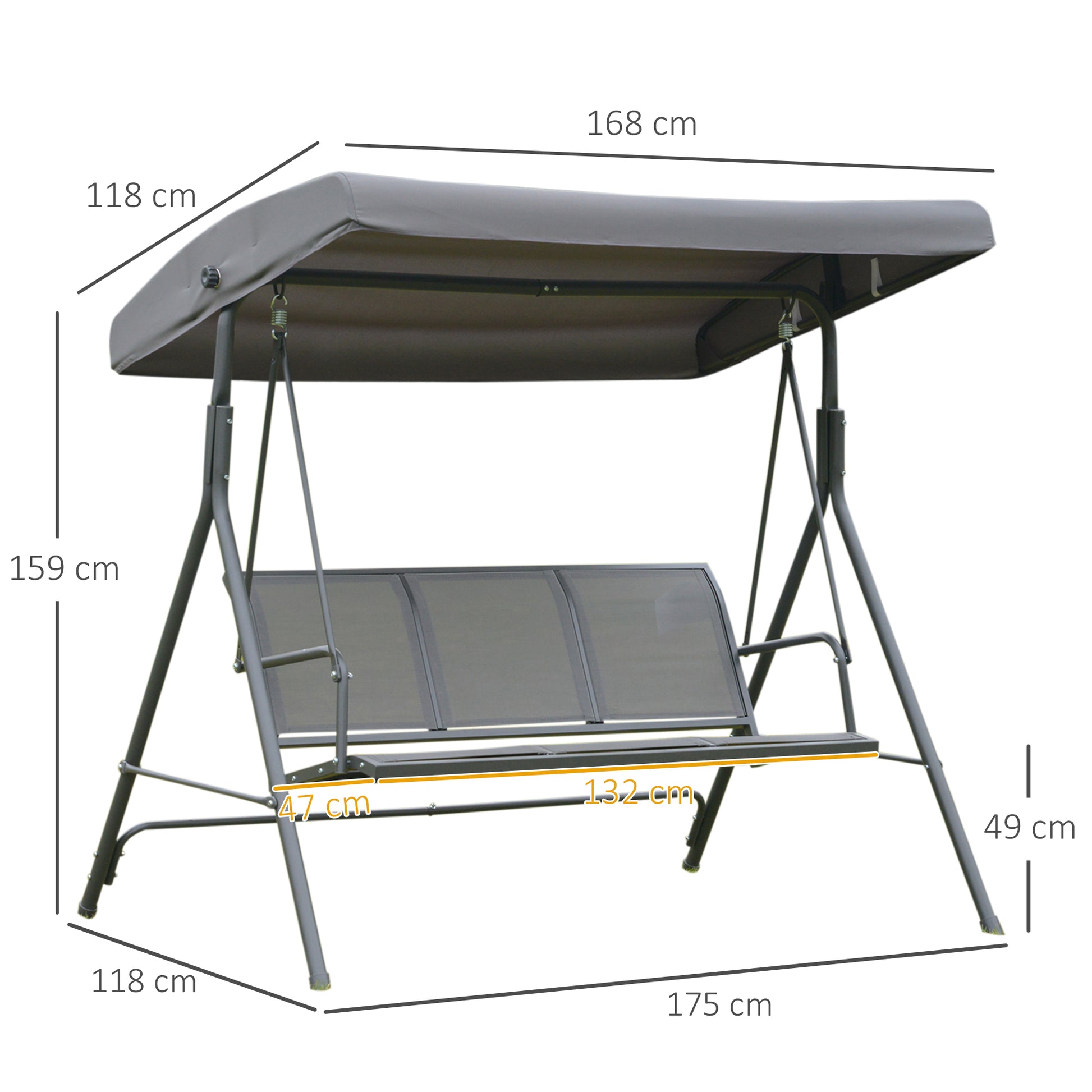 3-Seater Garden Swing with Adjustable Sunshade Canopy Breathable Backrest and Steel Frame for Outdoor Terrace Balcony 175x118x159 cm Gray