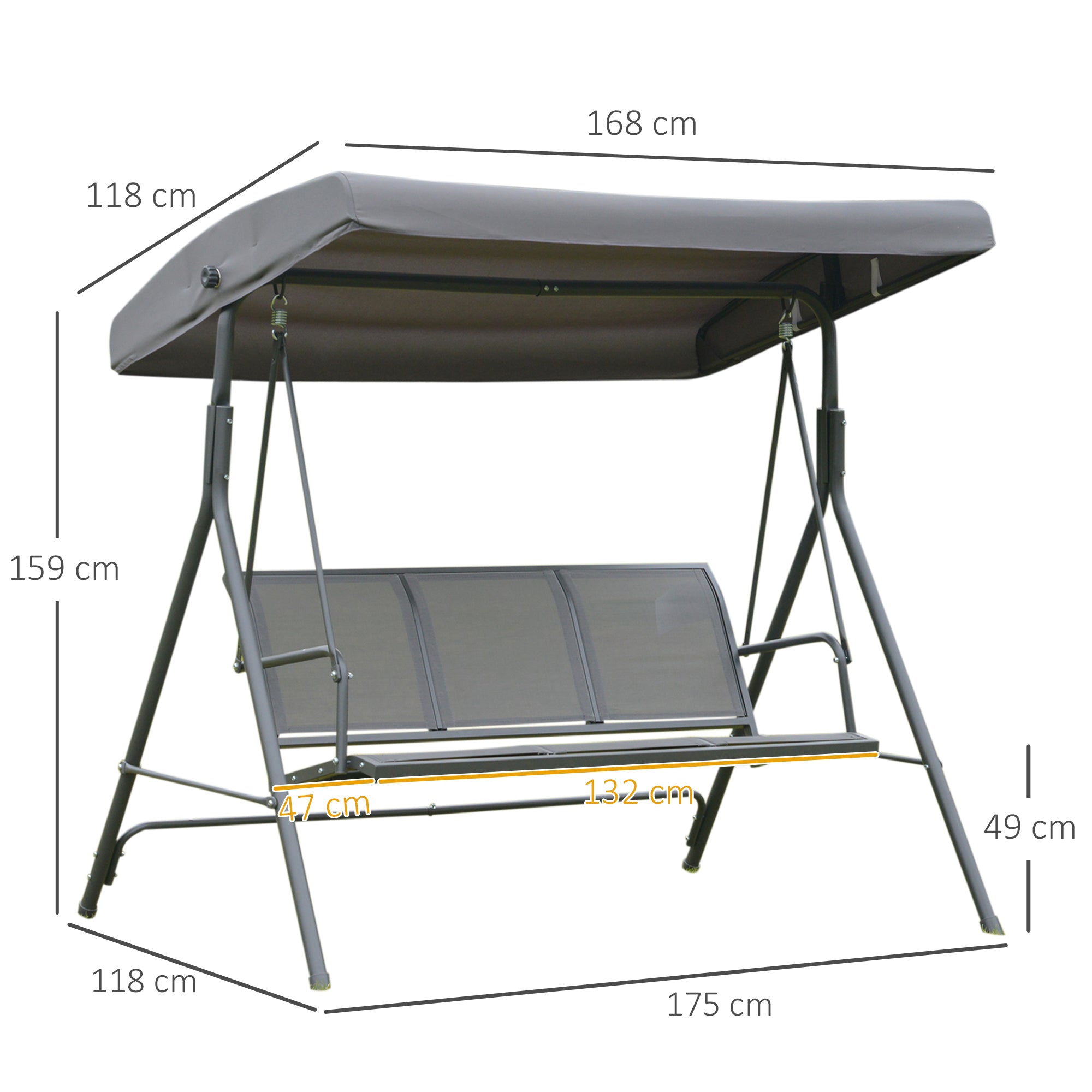 3-Seater Garden Swing with Adjustable Sunshade Canopy Breathable Backrest and Steel Frame for Outdoor Terrace Balcony 175x118x159 cm Gray