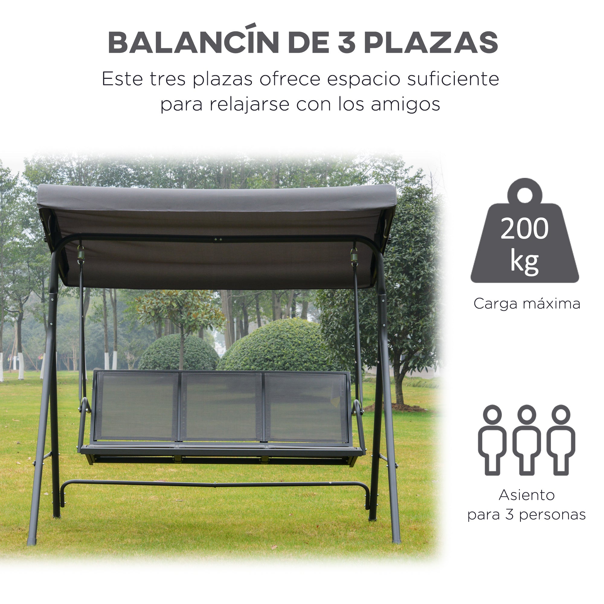 3-Seater Garden Swing with Adjustable Sunshade Canopy Breathable Backrest and Steel Frame for Outdoor Terrace Balcony 175x118x159 cm Gray