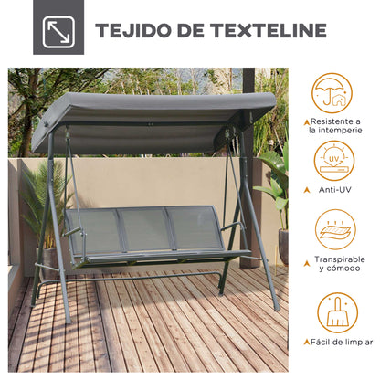 3-Seater Garden Swing with Adjustable Sunshade Canopy Breathable Backrest and Steel Frame for Outdoor Terrace Balcony 175x118x159 cm Gray