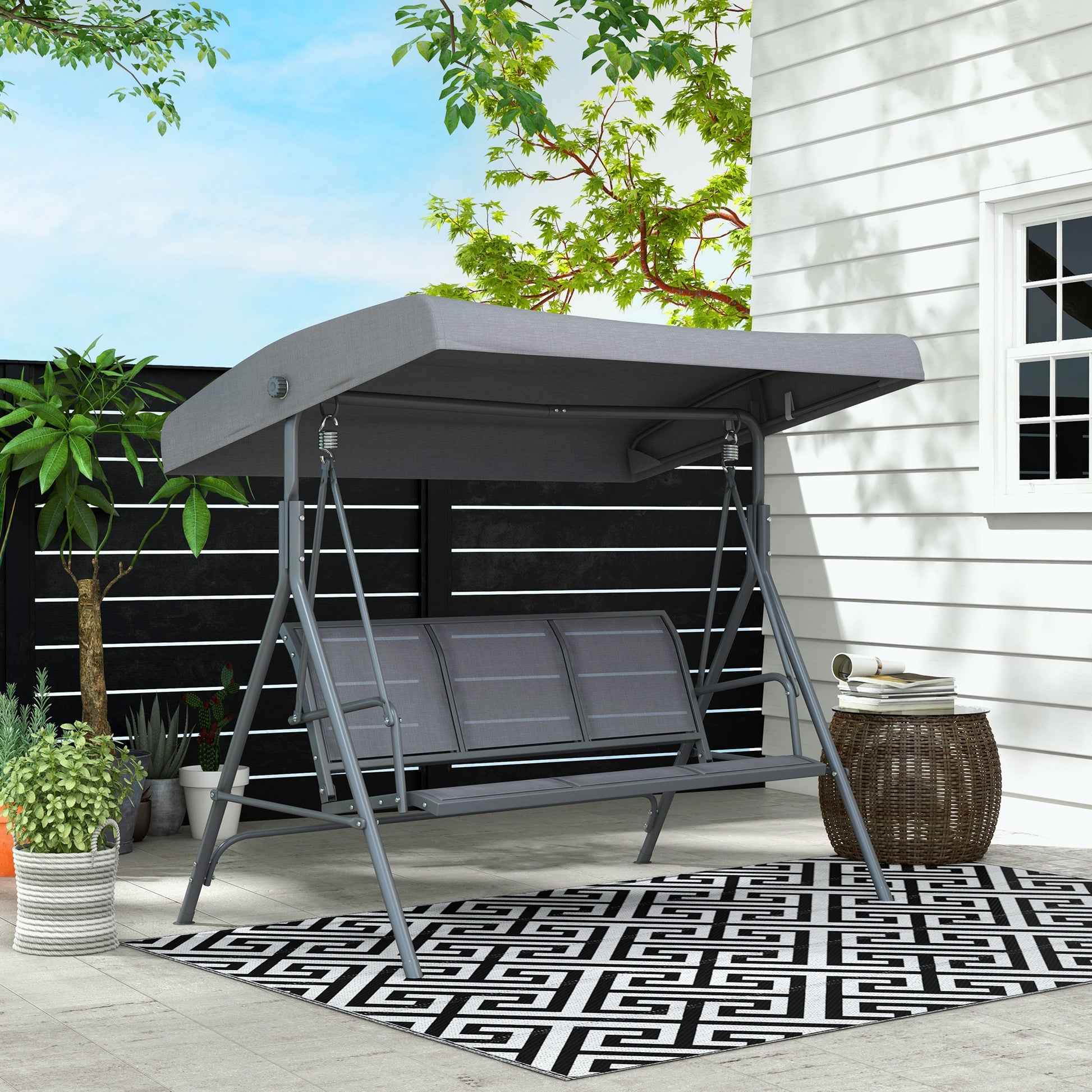 3-Seater Garden Swing with Adjustable Sunshade Canopy Breathable Backrest and Steel Frame for Outdoor Terrace Balcony 175x118x159 cm Gray