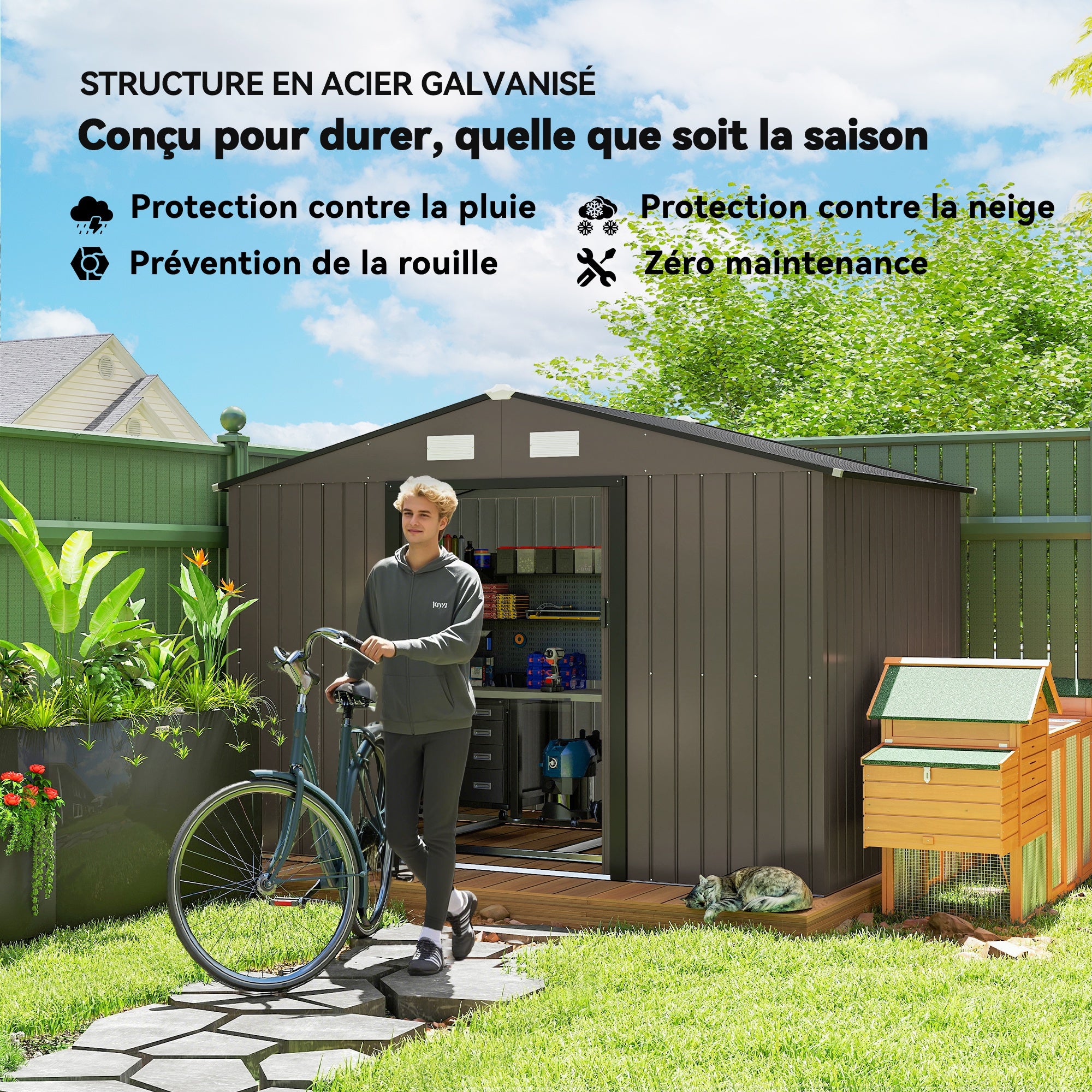 XXL Galvanized Steel Garden Shed 5.4 m² (58 sq ft) with Foundation Kit, 277 x 195 x 192 cm (9 ft 1 in x 6 ft 5 in x 6 ft 4 in), Outdoor Tool Storage Shed with Lockable Sliding Doors & 4 Vents, Brown