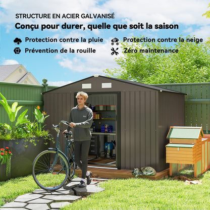 XXL Galvanized Steel Garden Shed 5.4 m² (58 sq ft) with Foundation Kit, 277 x 195 x 192 cm (9 ft 1 in x 6 ft 5 in x 6 ft 4 in), Outdoor Tool Storage Shed with Lockable Sliding Doors & 4 Vents, Brown