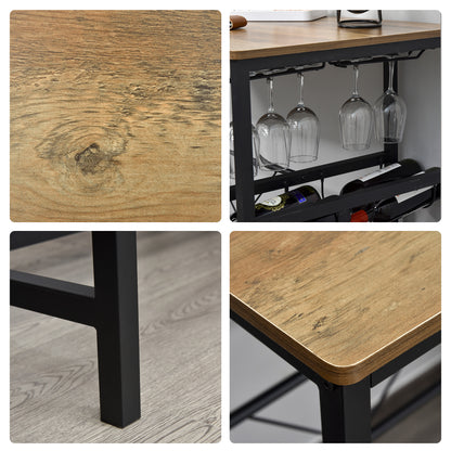 Bar Table Set, High Table with 2 Bar Stools, 3-Piece Table Set Kitchen Counter with Bottle Holder Particle Board, Steel, Natural+Black, 108 x 60x 95H cm