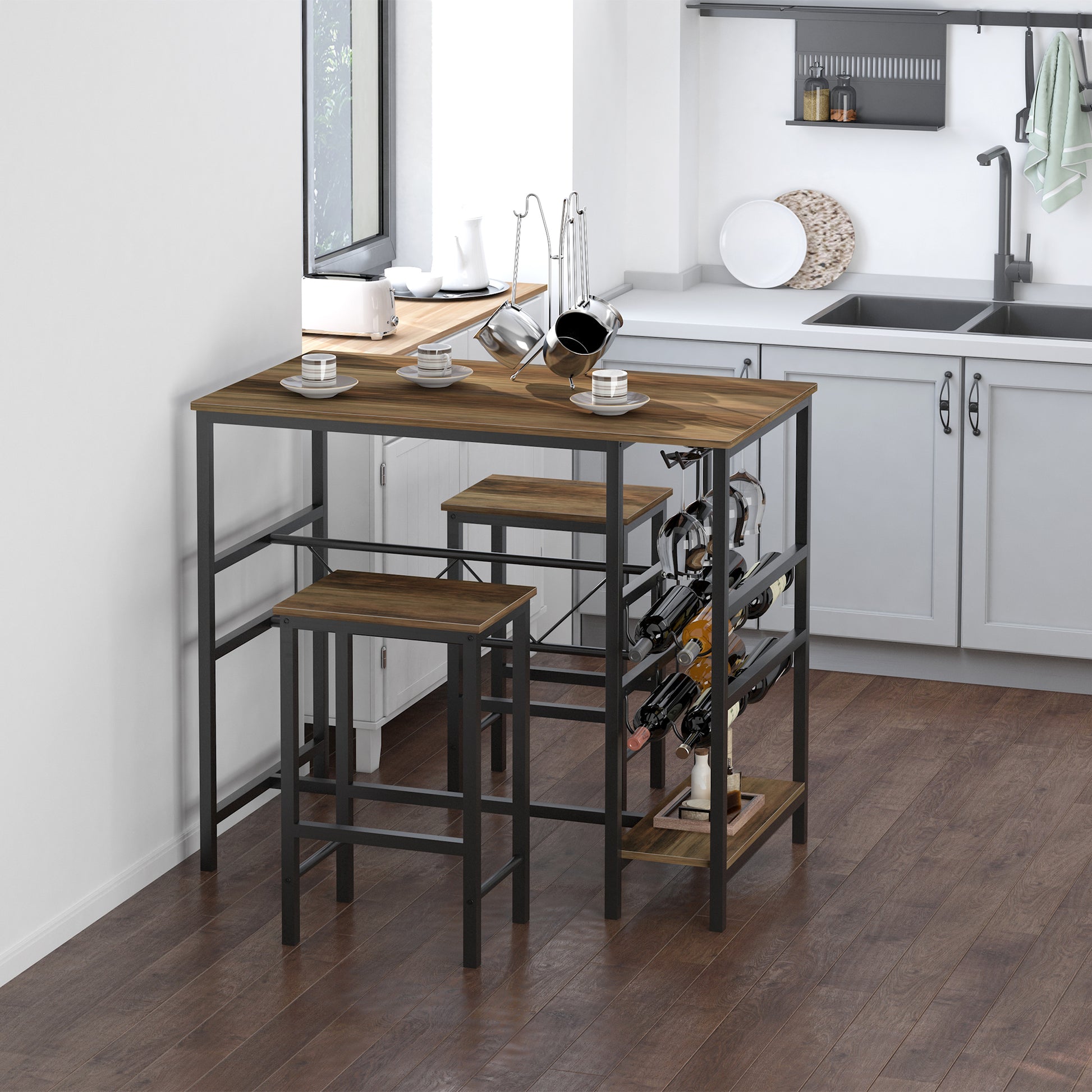 Bar Table Set, High Table with 2 Bar Stools, 3-Piece Table Set Kitchen Counter with Bottle Holder Particle Board, Steel, Natural+Black, 108 x 60x 95H cm
