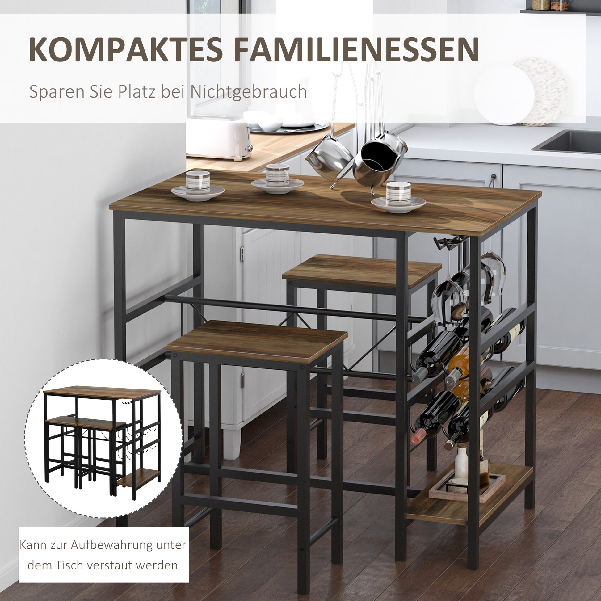 Bar Table Set, High Table with 2 Bar Stools, 3-Piece Table Set Kitchen Counter with Bottle Holder Particle Board, Steel, Natural+Black, 108 x 60x 95H cm
