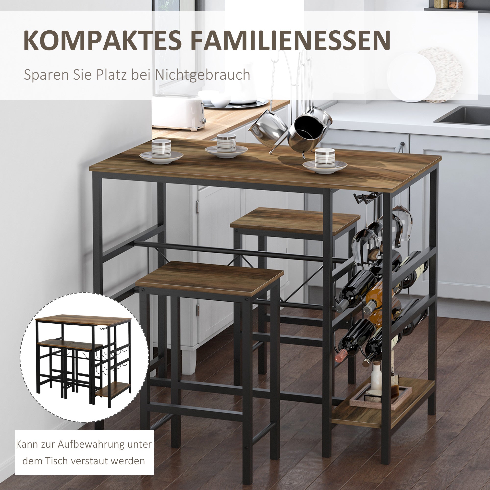 Bar Table Set, High Table with 2 Bar Stools, 3-Piece Table Set Kitchen Counter with Bottle Holder Particle Board, Steel, Natural+Black, 108 x 60x 95H cm