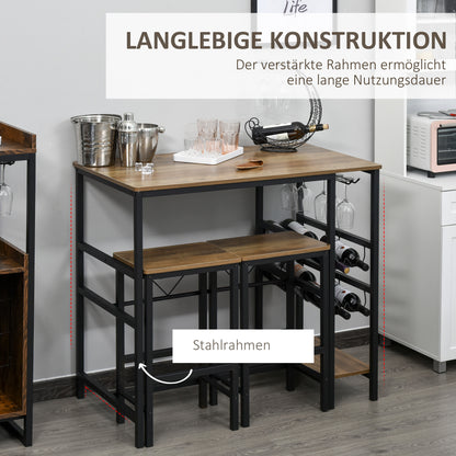 Bar Table Set, High Table with 2 Bar Stools, 3-Piece Table Set Kitchen Counter with Bottle Holder Particle Board, Steel, Natural+Black, 108 x 60x 95H cm